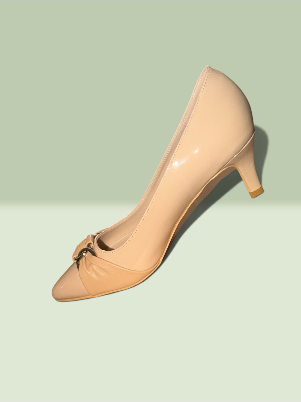 Classic Patent Mid Heel Pumps in Nude with Bow Accent